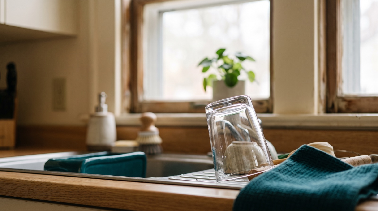 An empty glass upside down on a dish rack by a kitchen window.