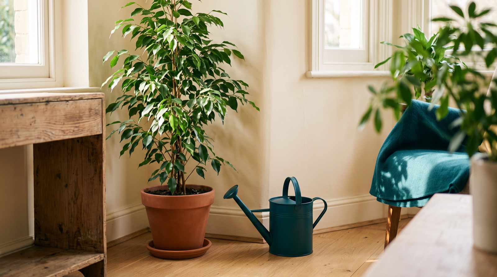 A tall potted tree in a sunlit corner beside a watering can.