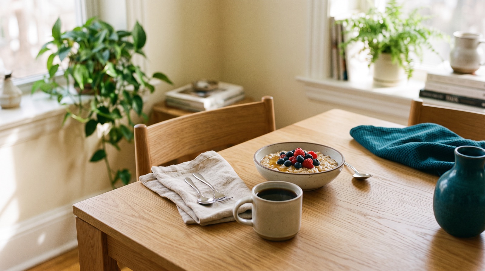A bowl of oatmeal with berries and a cup of coffee on a breakfast table.