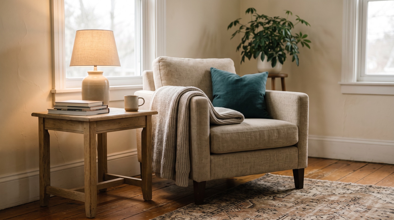 An empty armchair with a folded blanket beside a window on a grey day, with a lamp on.