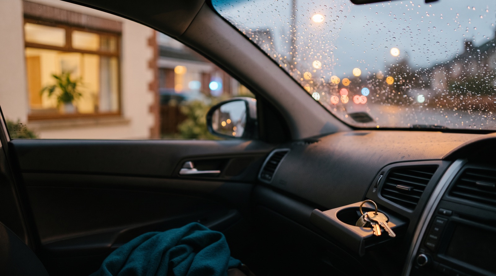Keys in a car cup holder with blurred roadside lights through a rainy windscreen at dusk.