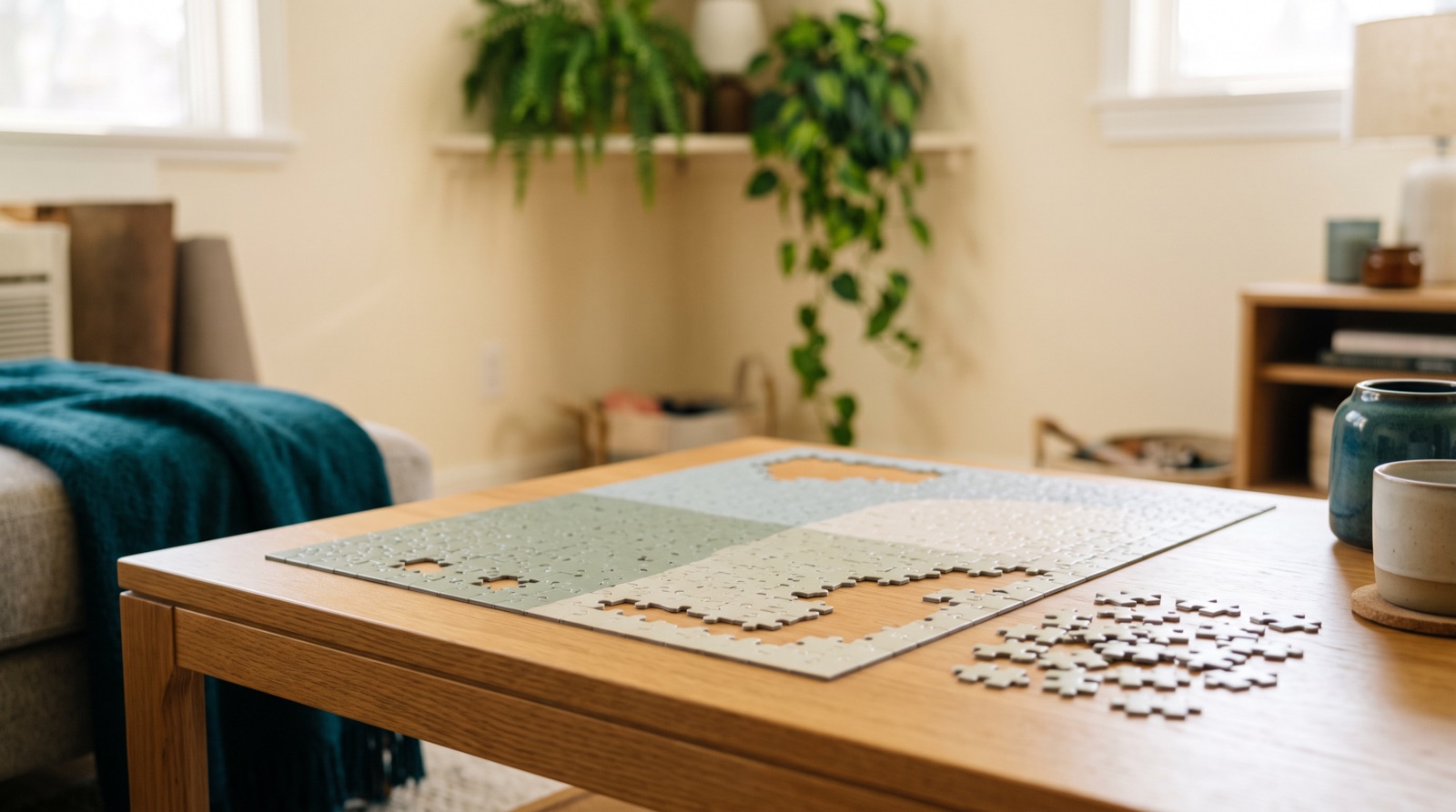 A half-finished jigsaw puzzle on a coffee table.