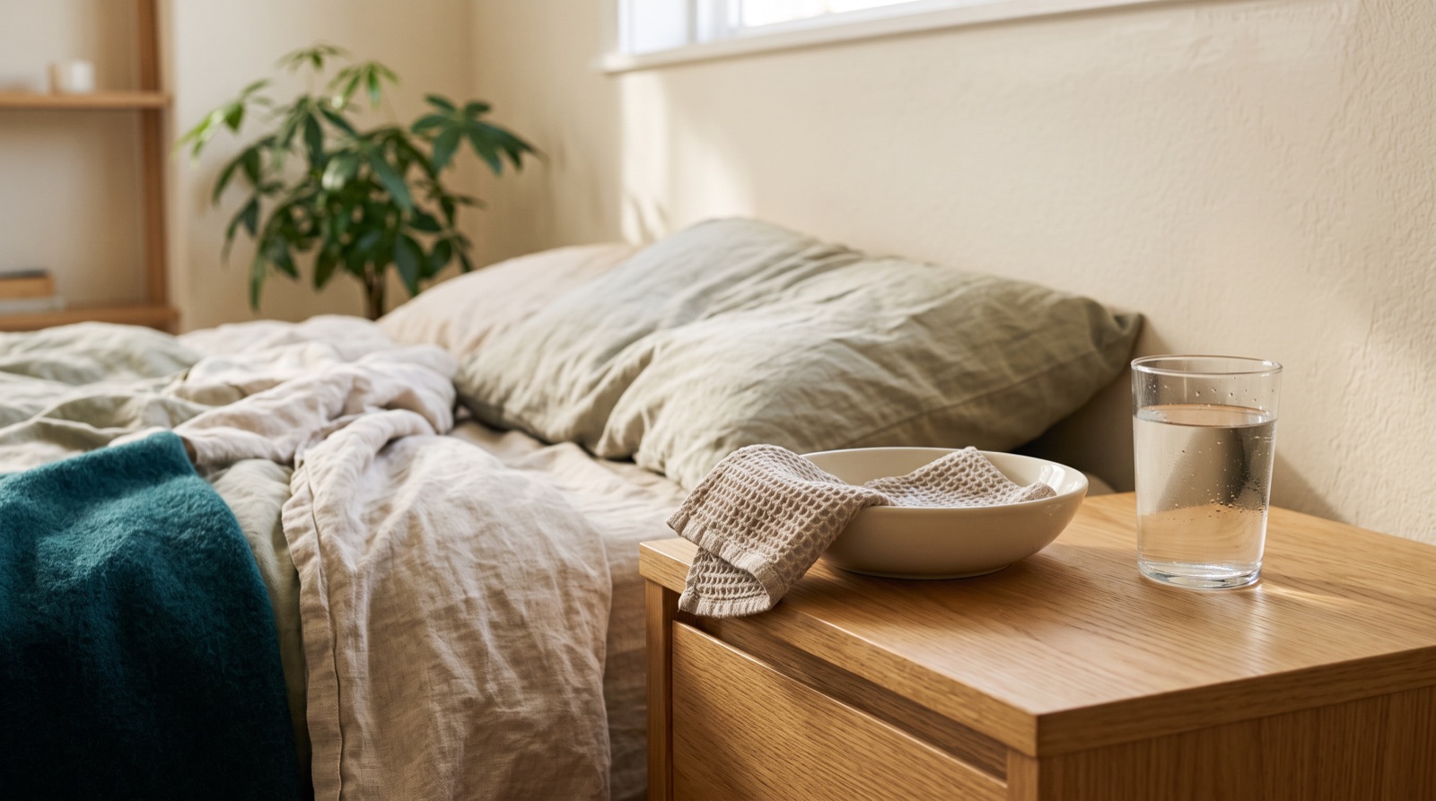 A washcloth in a bowl and a glass of water on a nightstand.