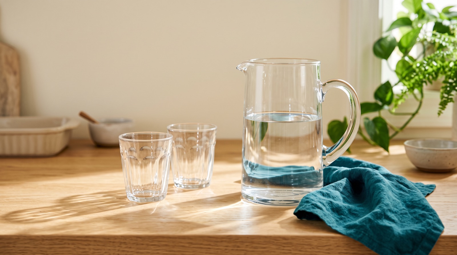A pitcher of water and two glasses on a counter in sunlight.