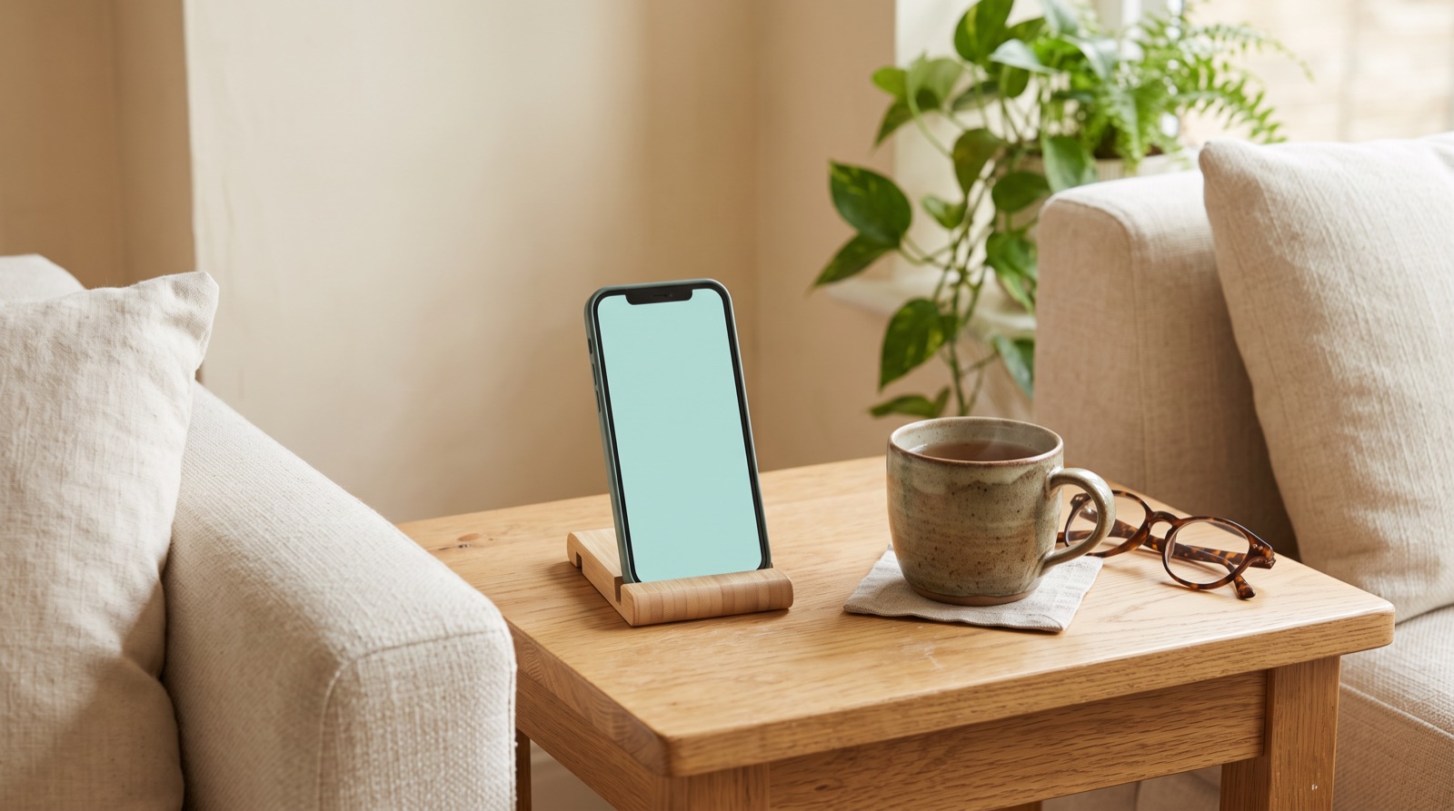 A phone on a stand beside a cup of tea and reading glasses on a side table, set up for a video visit.