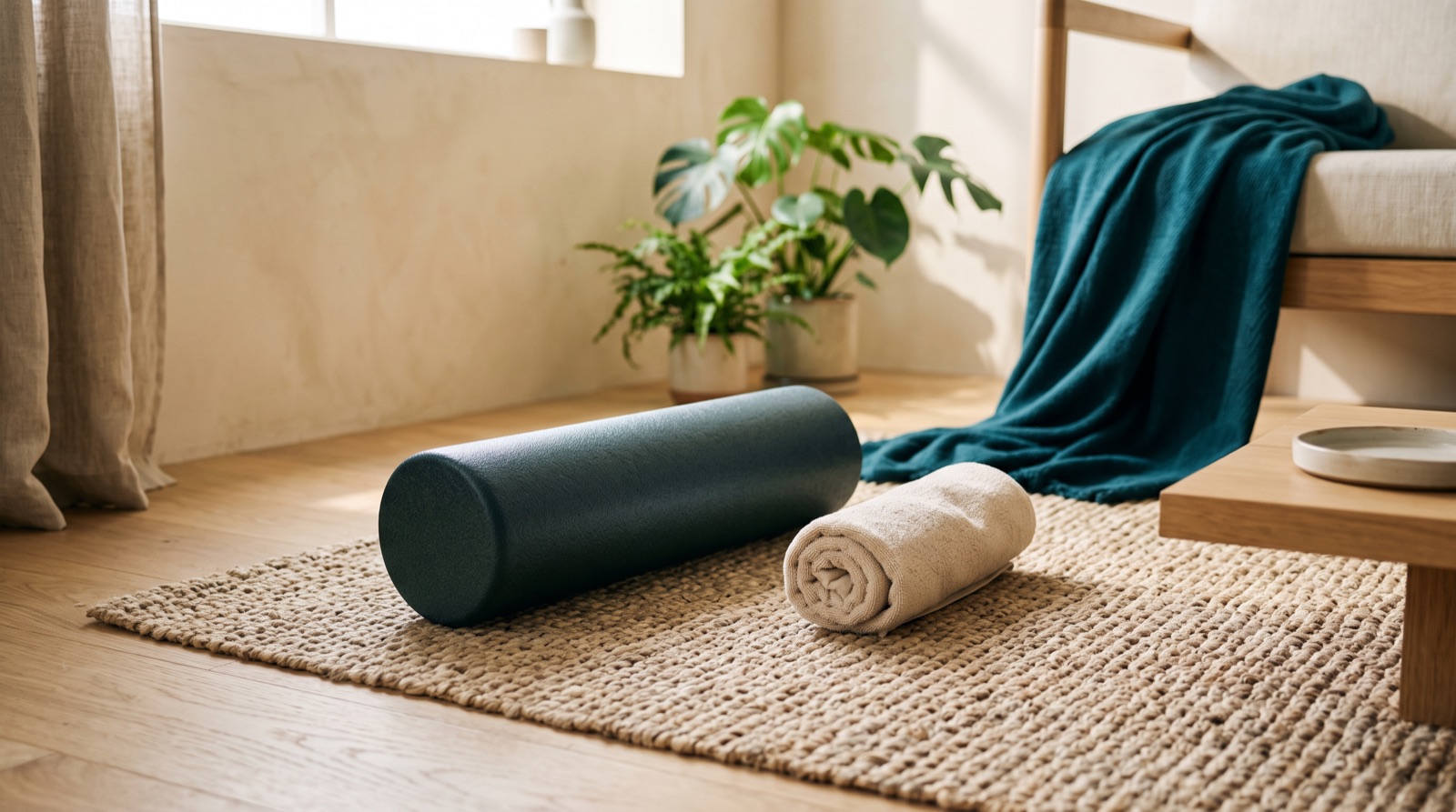 A foam roller and a rolled towel on a rug in a sunlit room.