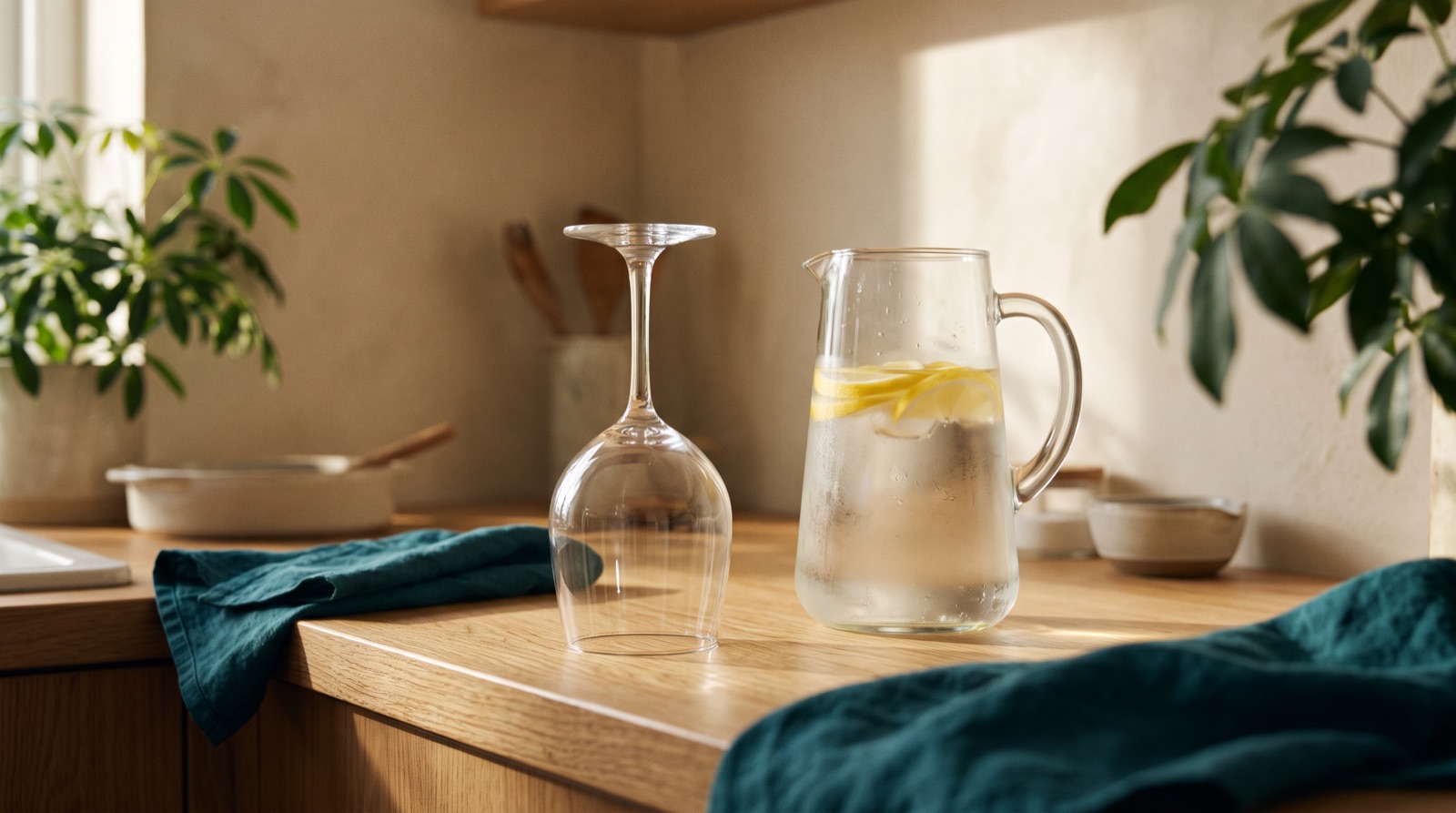 An upturned empty glass beside a pitcher of lemon water.