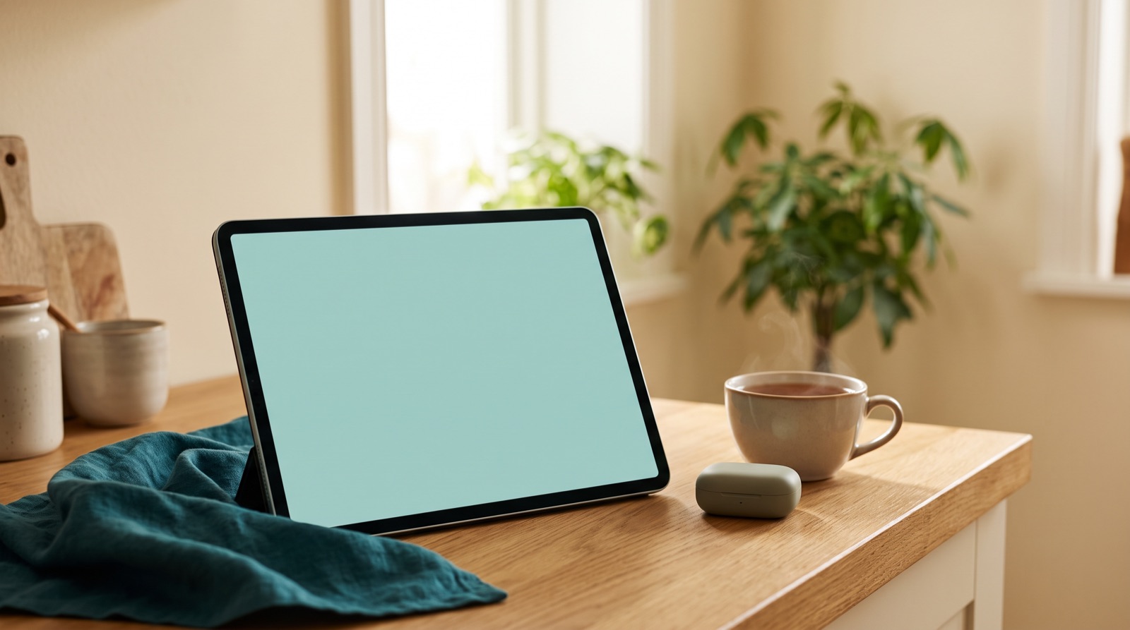 A tablet propped on a kitchen counter beside earbuds and a cup of tea.