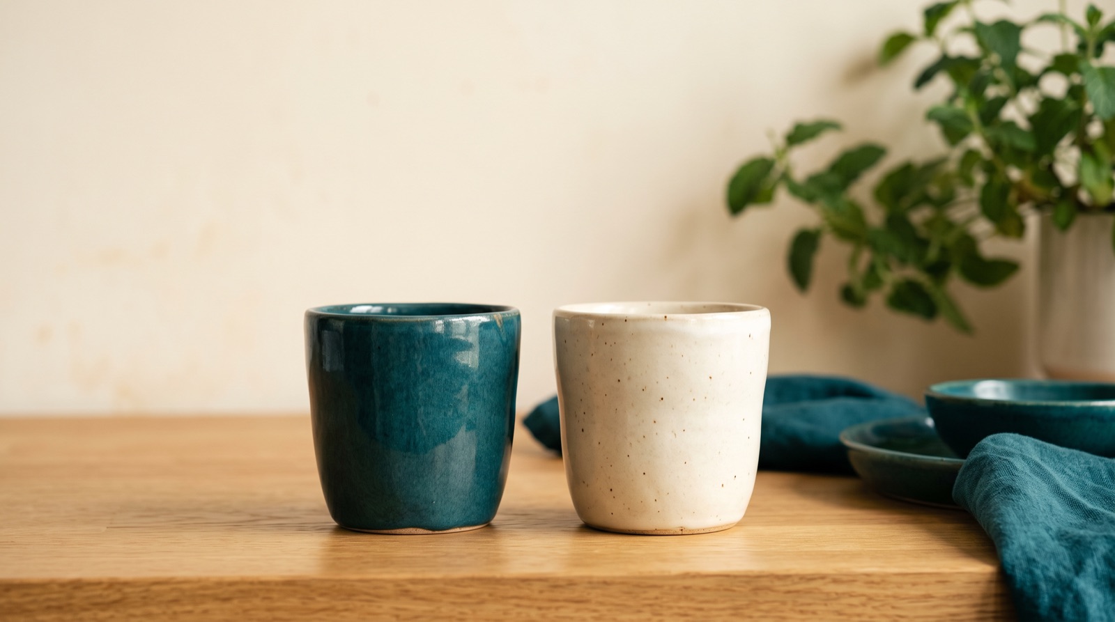 Two similar ceramic cups side by side, one teal and one cream.