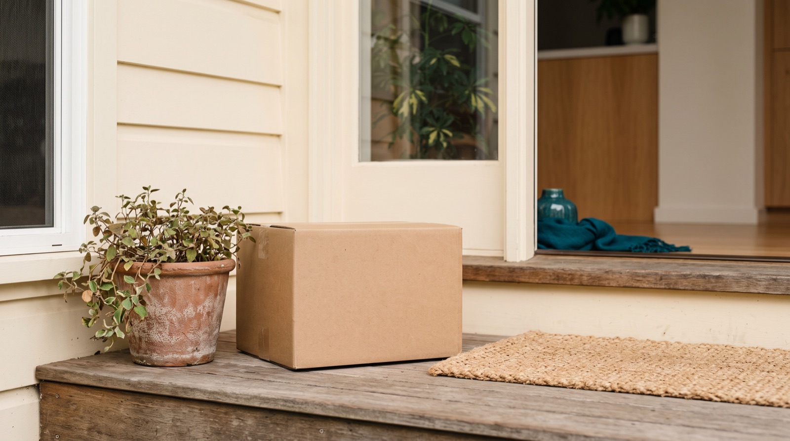 A plain cardboard parcel on a doorstep beside a potted plant.