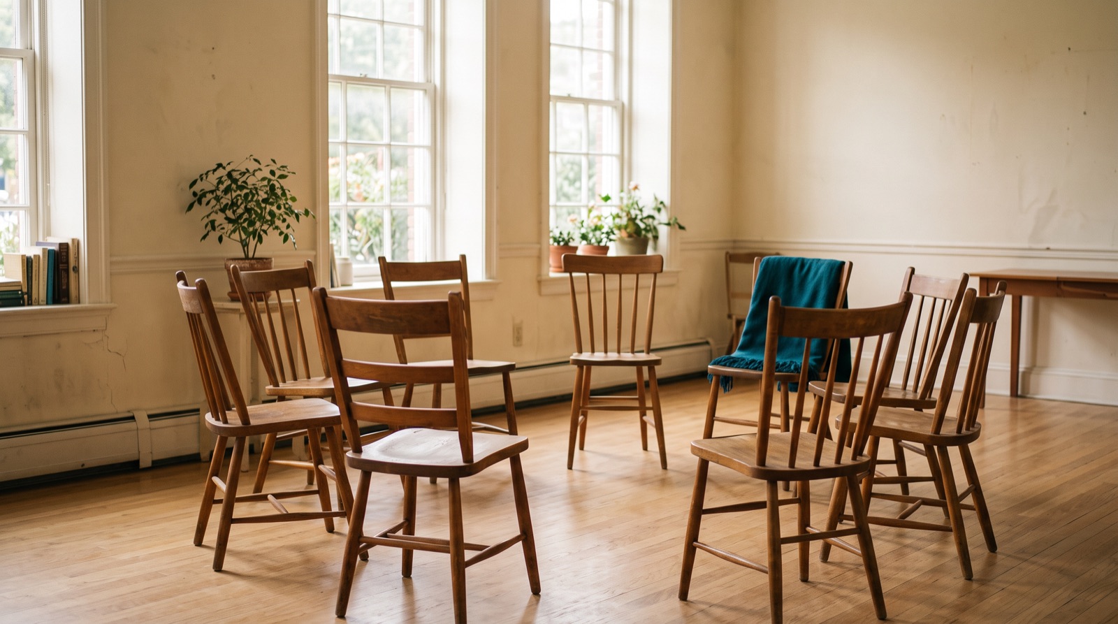 A circle of wooden chairs in a sunlit community room.