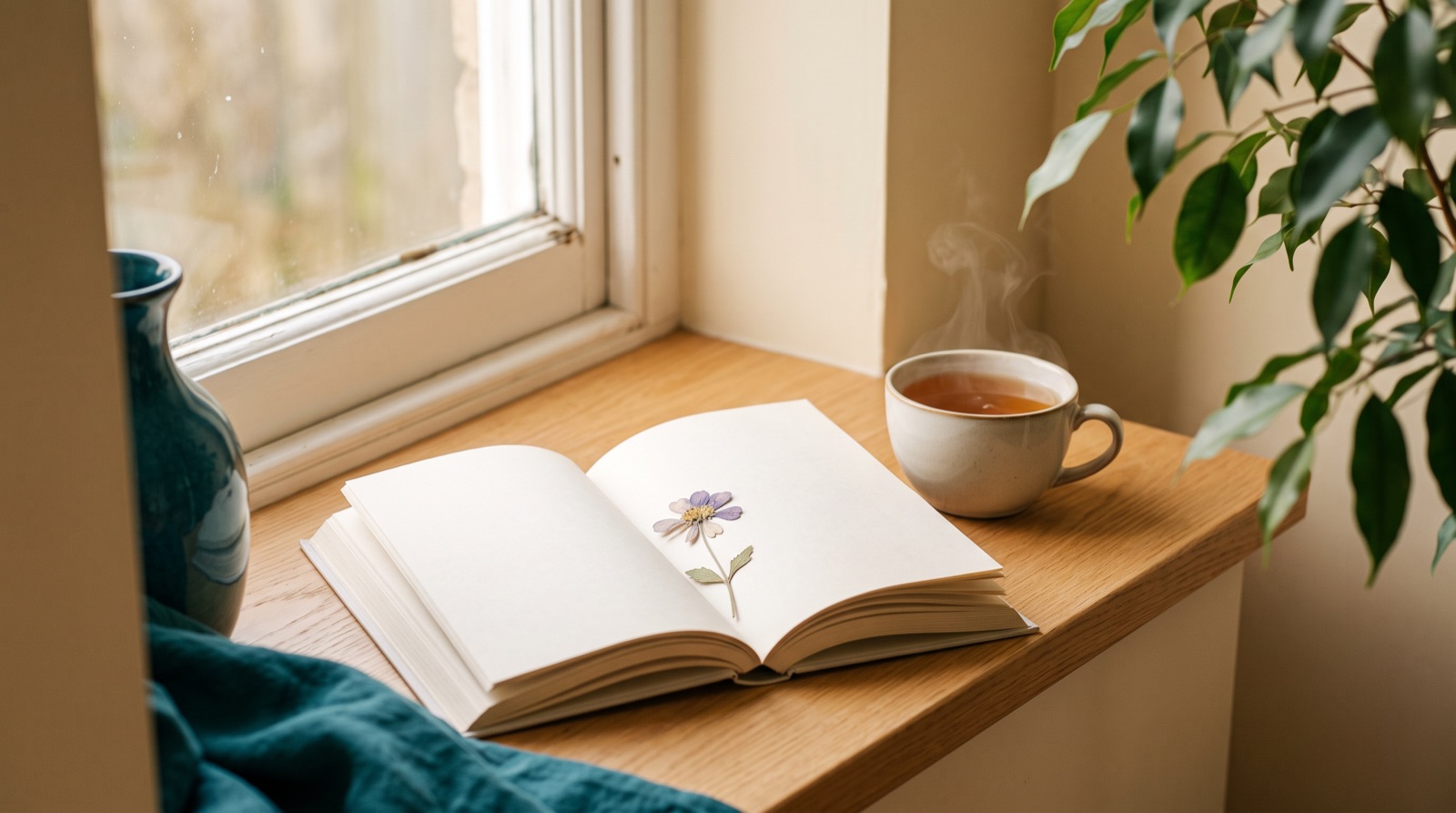 An open book with a pressed flower bookmark beside a cup of tea.