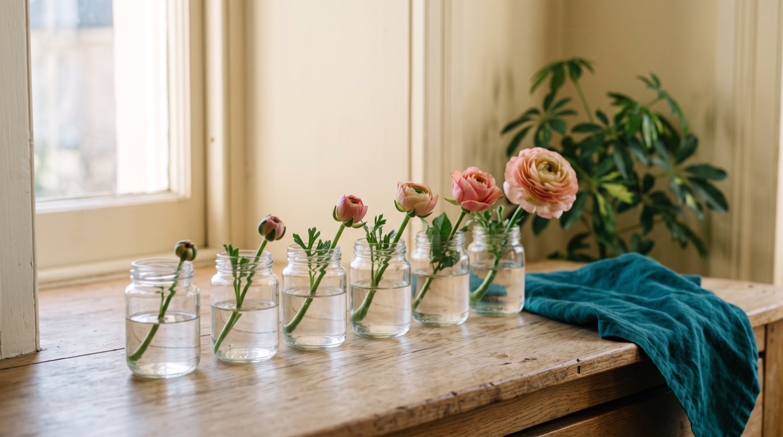 A row of small jars on a windowsill holding flowers from bud to full bloom.