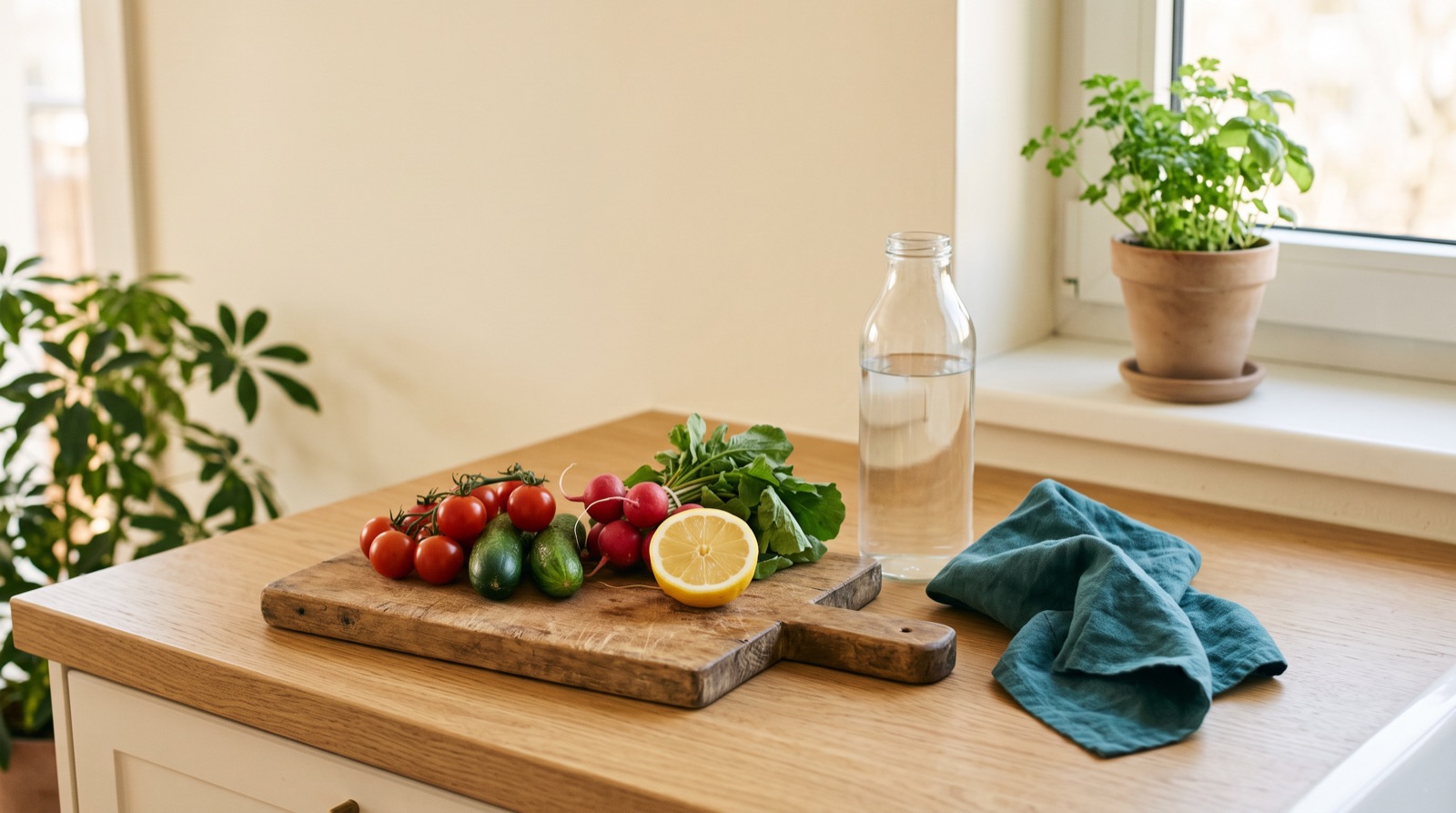 Fresh vegetables on a cutting board beside a bottle of water on a sunny kitchen counter.