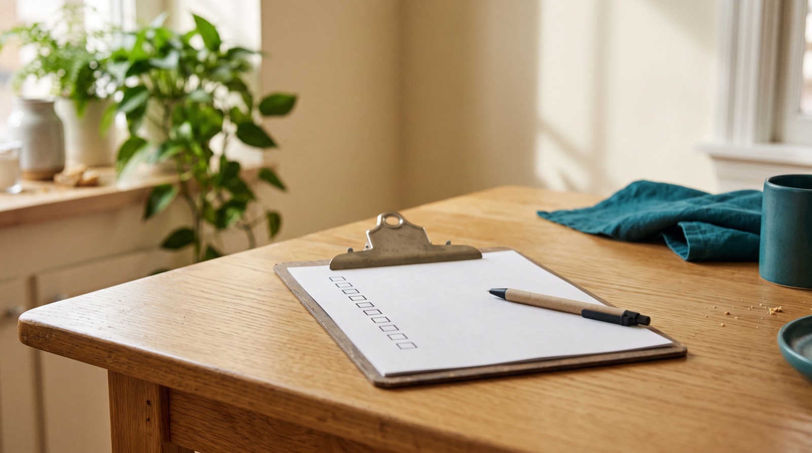 A clipboard with an empty checklist and a pen on a kitchen table.