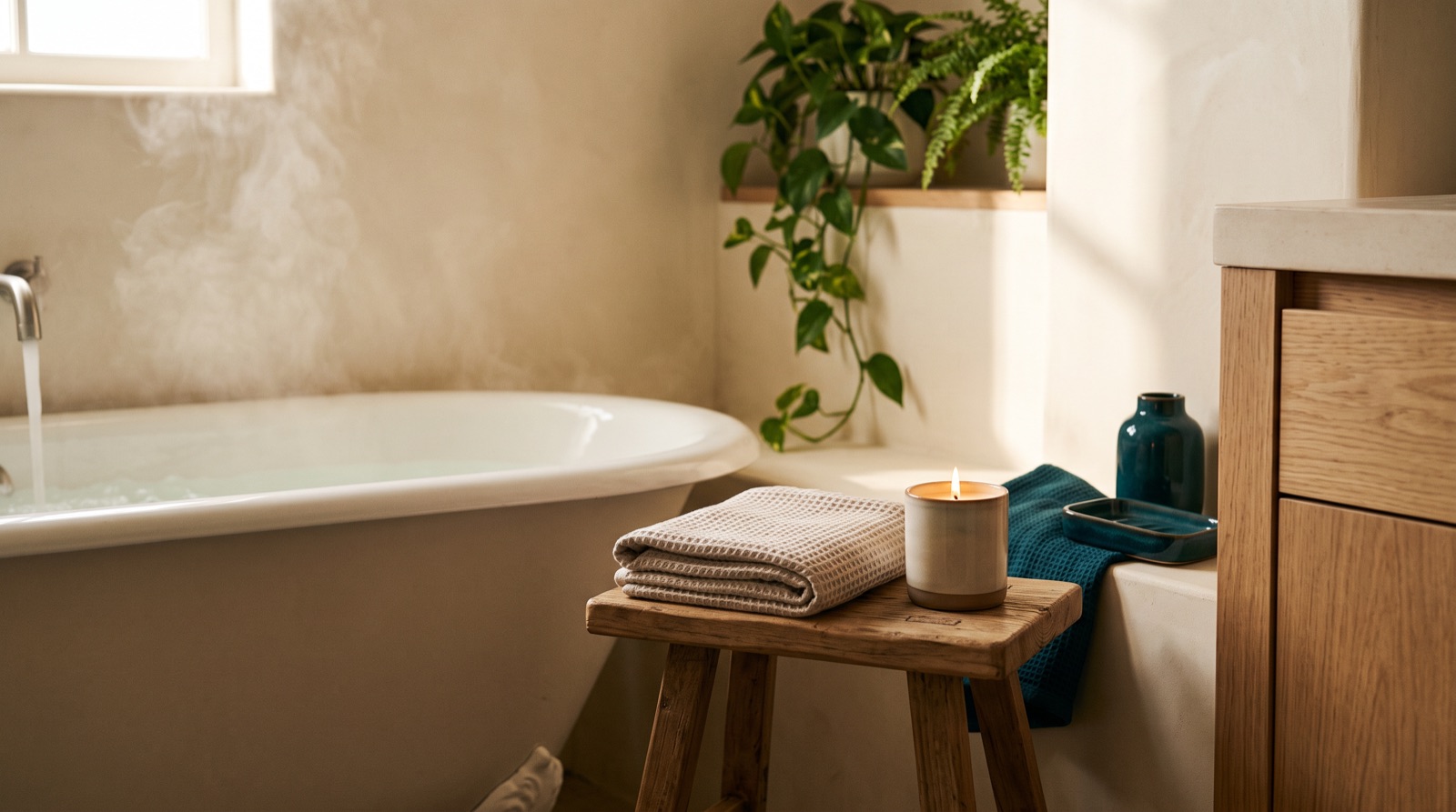 A warm bath being drawn, with a towel on a stool and a lit candle.