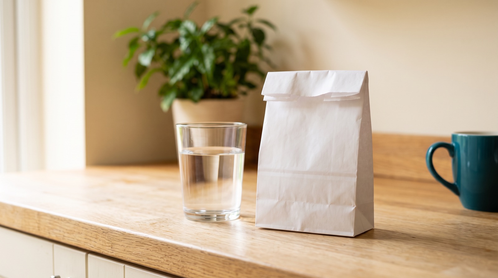 A plain white paper pharmacy bag and a glass of water on a kitchen counter in morning light.