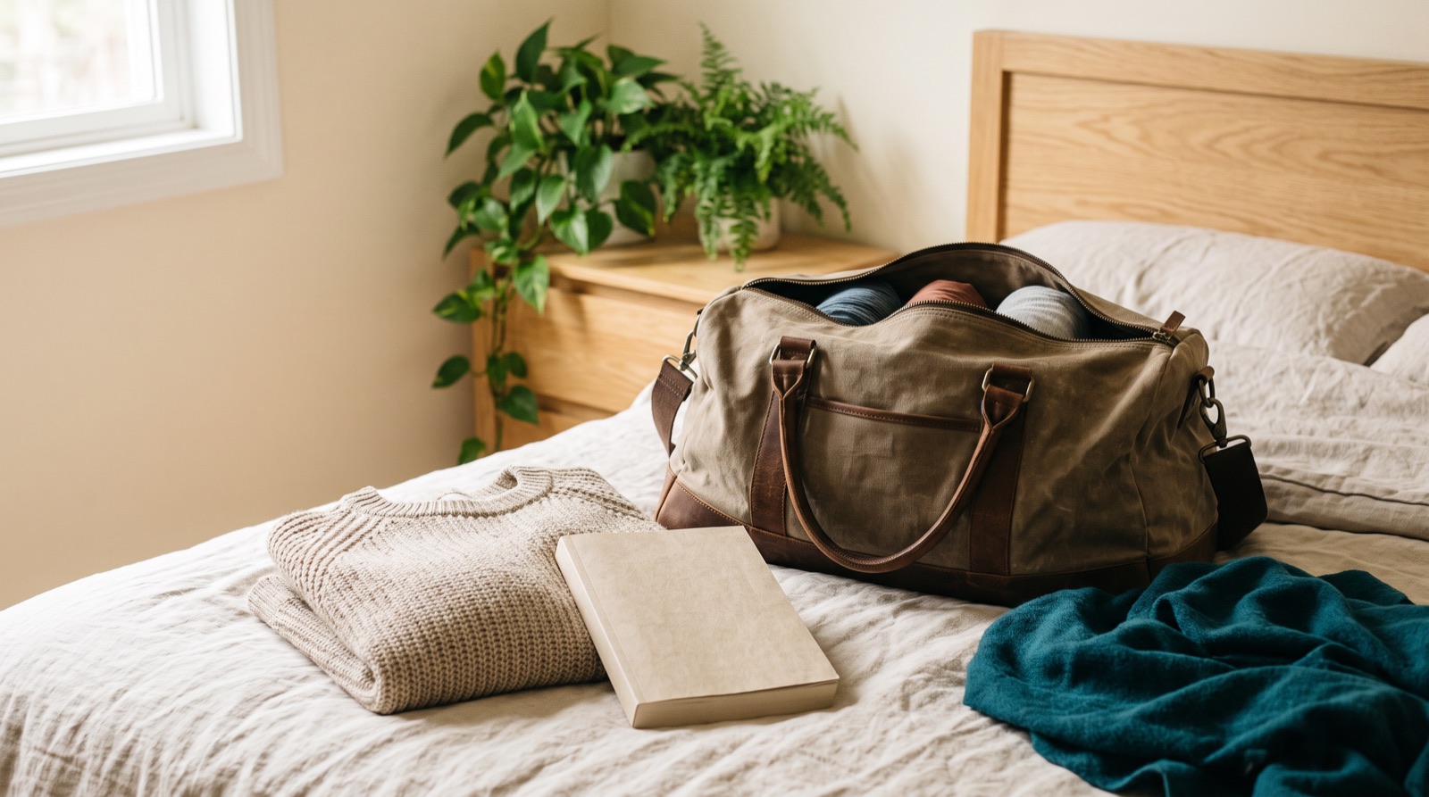 A packed weekend bag, a folded sweater and a book on a bed.