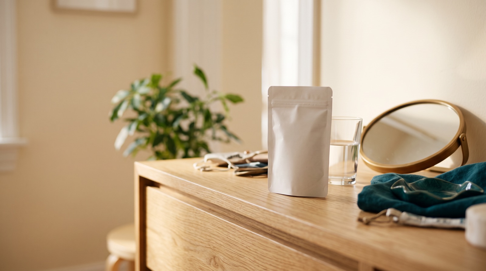 A small white pouch, a glass of water and a hand mirror on a dresser.