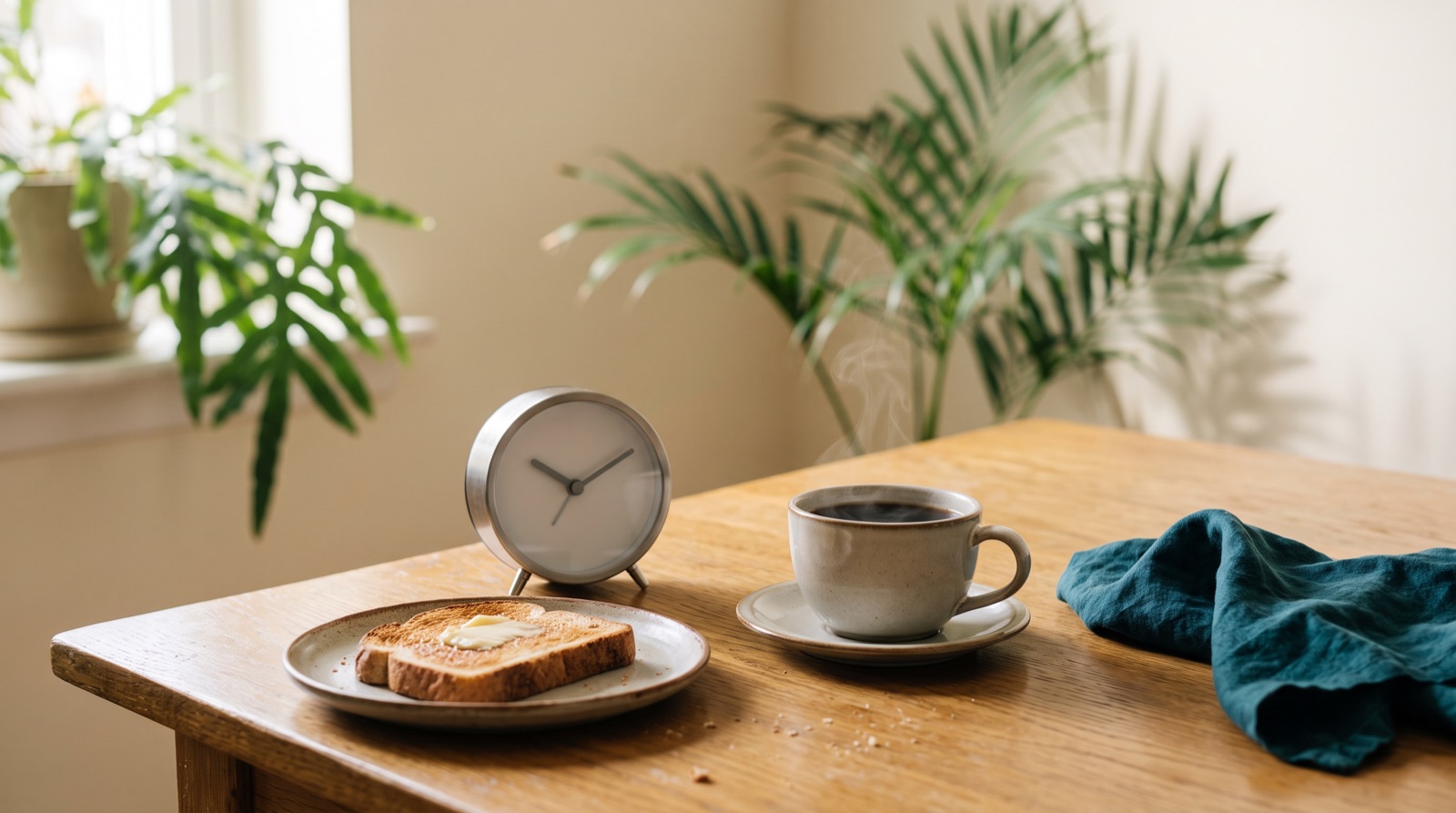 Coffee and toast beside a small alarm clock at breakfast.