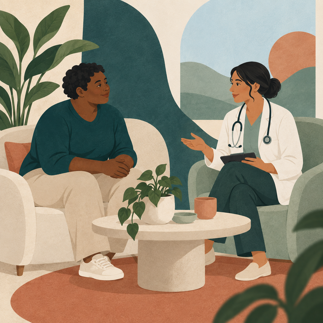 Diverse patient and clinician in a calm, collaborative care conversation.