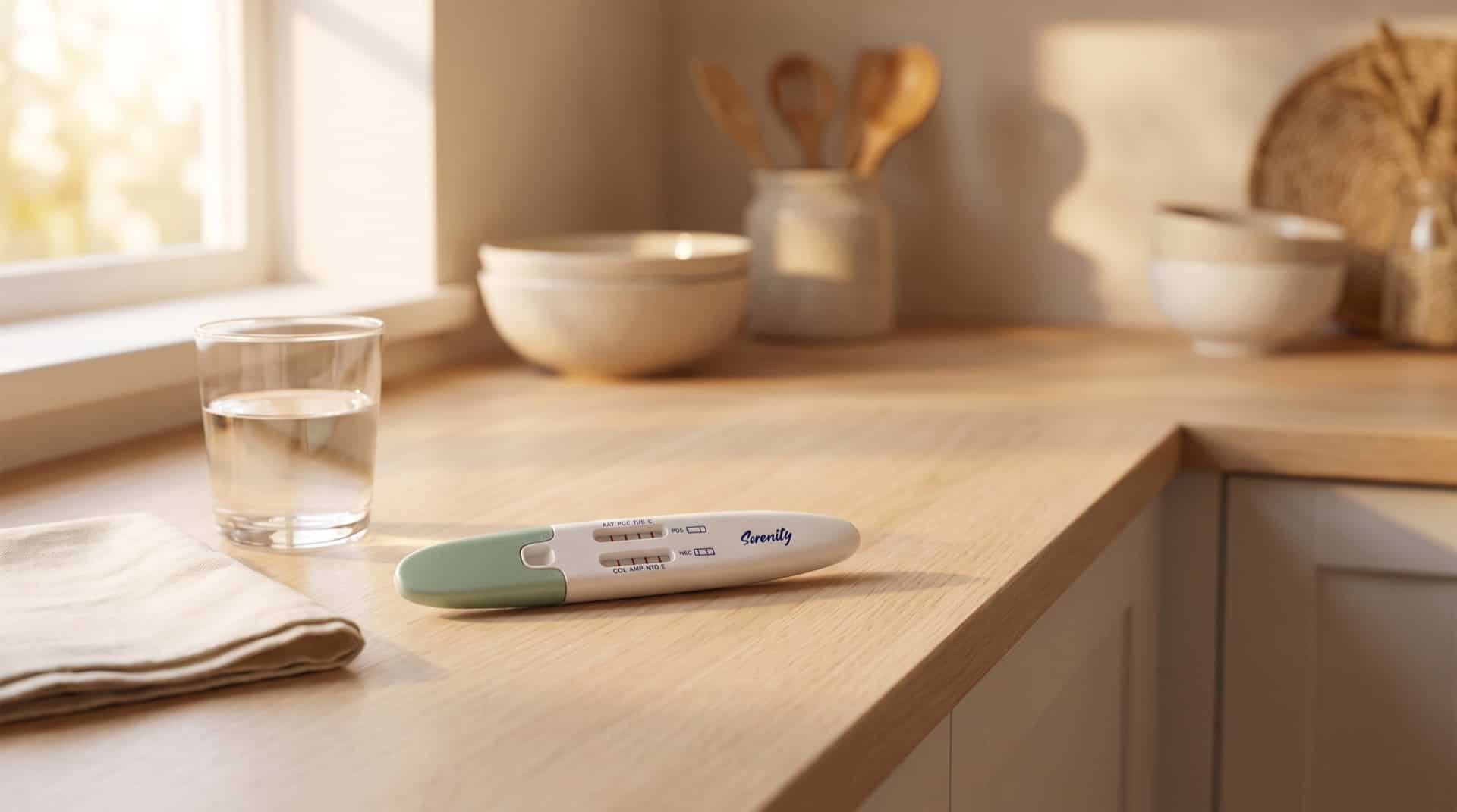 The test resting on a kitchen counter beside a glass of water in soft morning light.
